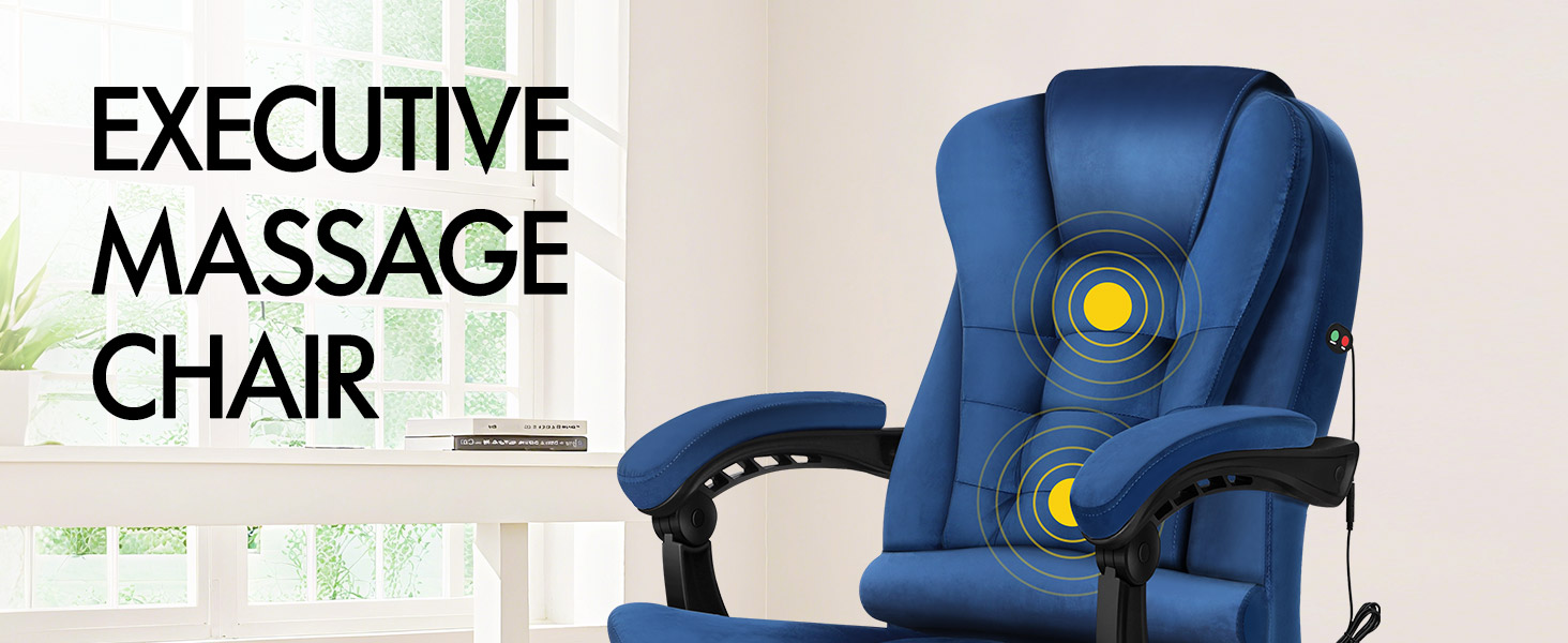 Text reads "EXECUTIVE MASSAGE CHAIR". Blue upholstered massage chair with gold control buttons and armrests displayed against light interior background with plants.