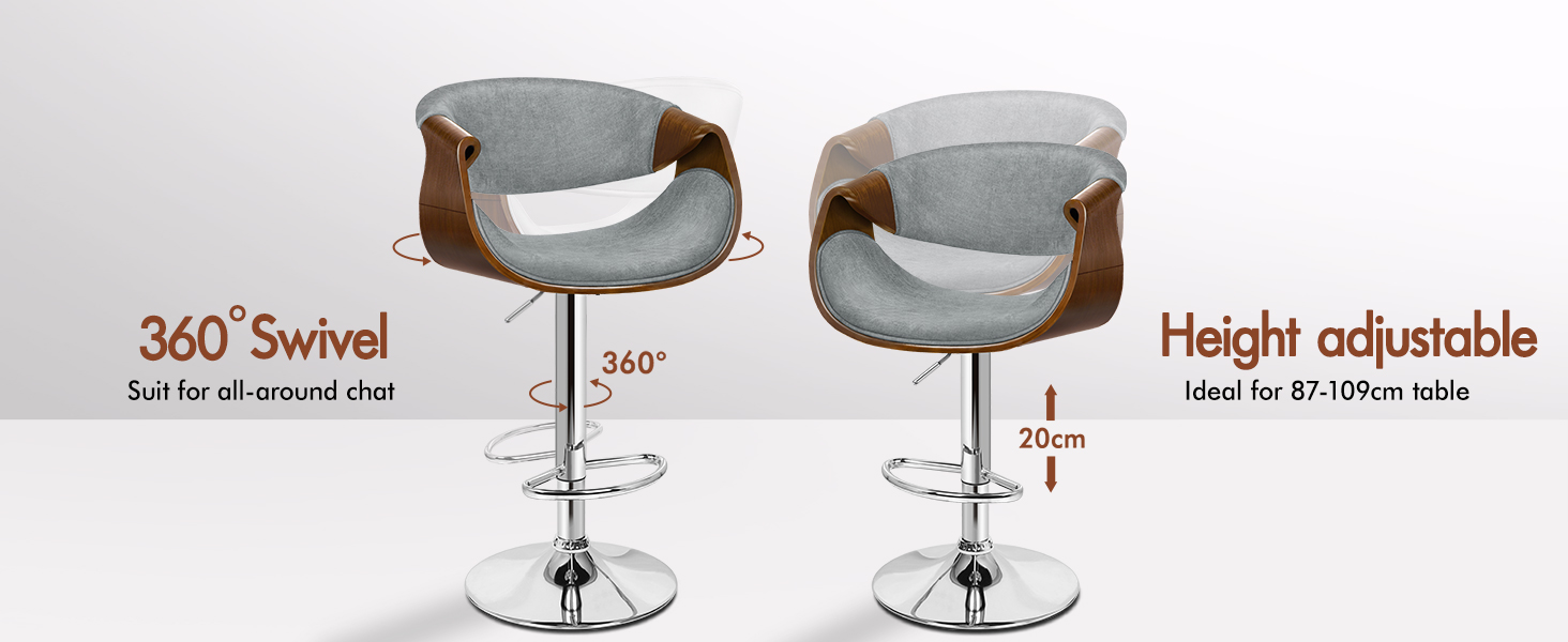 Text reads '360° Swivel', 'Height adjustable'. Product demonstration showing gray upholstered chair with adjustable height mechanism and swivel capability.