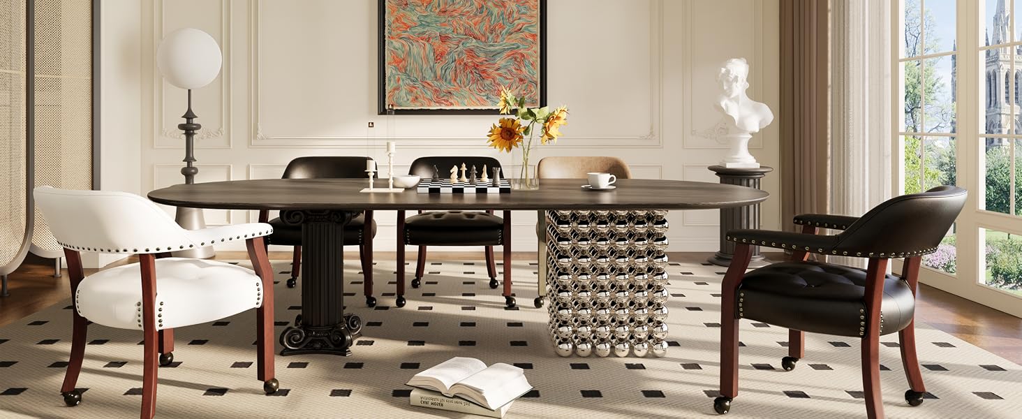 Text reads 'Image 3'. Elegant dining room interior with round wooden table, upholstered chairs, and geometric patterned area rug under natural lighting.