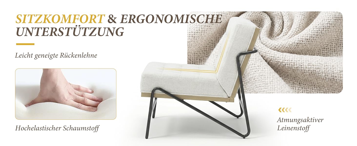 Der Text lautet „SITZKOMFORT &amp; ERGONOMISCHE UNTERSTÜTZUNG“ und „Luxus gewebe Blütenstchina“. Zeigt eine auf einem rosafarbenen Kissen ruhende Hand mit der Aufschrift „Halsabstützer S-Haunnstoff“ und ein Metallstuhlgestell mit der Aufschrift „Mit demagnetürer benussitoff“.