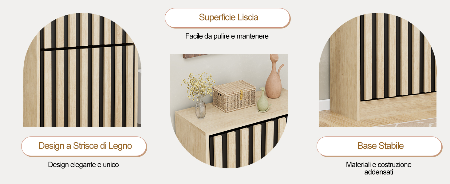 Il testo recita «Porte Ombrelli» e «Design e Forma d'Largo». Sono mostrati tre modelli di portaombrelli: modello a doghe verticali nere, dettaglio con trama intrecciata e versione a doghe in legno chiaro.