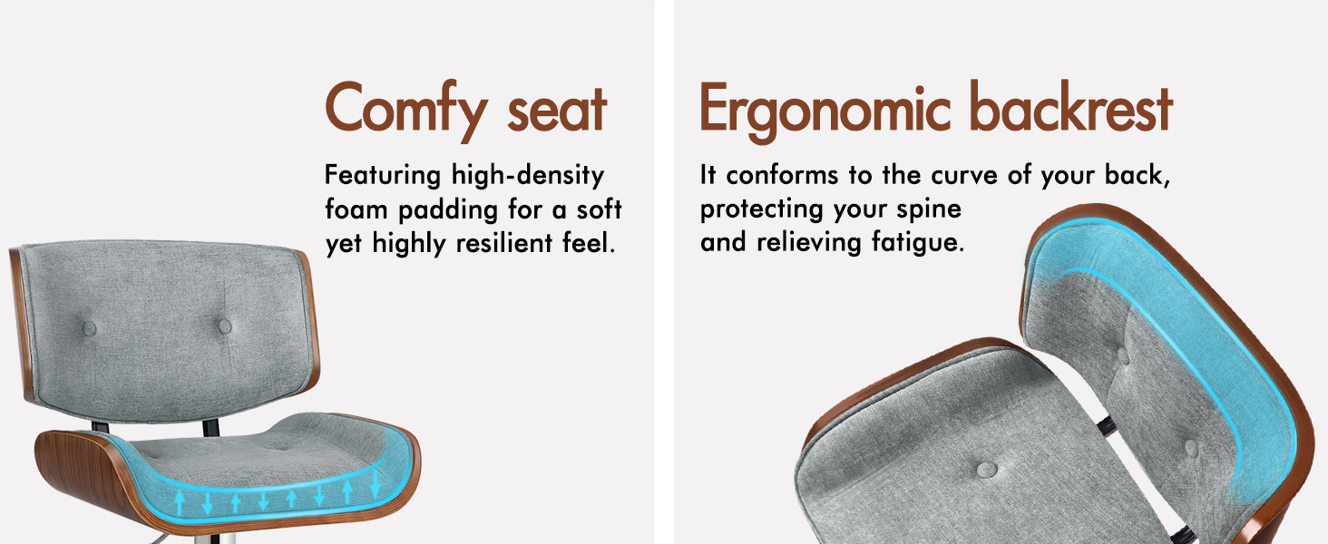 Text reads 'Comfy seat' and 'Ergonomic backrest'. Product diagram showing different positions and features of an adjustable seat or chair design.