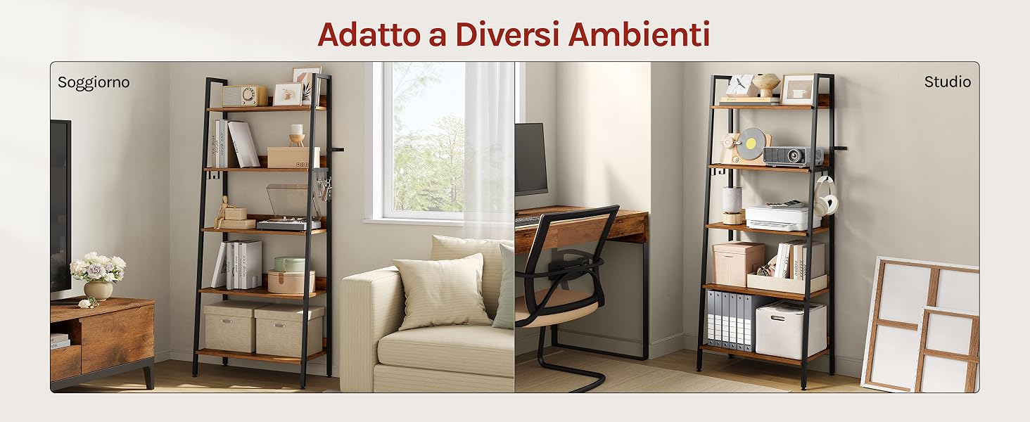 Il testo recita «Adatto a Diversi Ambienti». Serie di foto degli interni delle stanze che mostrano scaffali in stile industriale in diversi ambienti domestici.