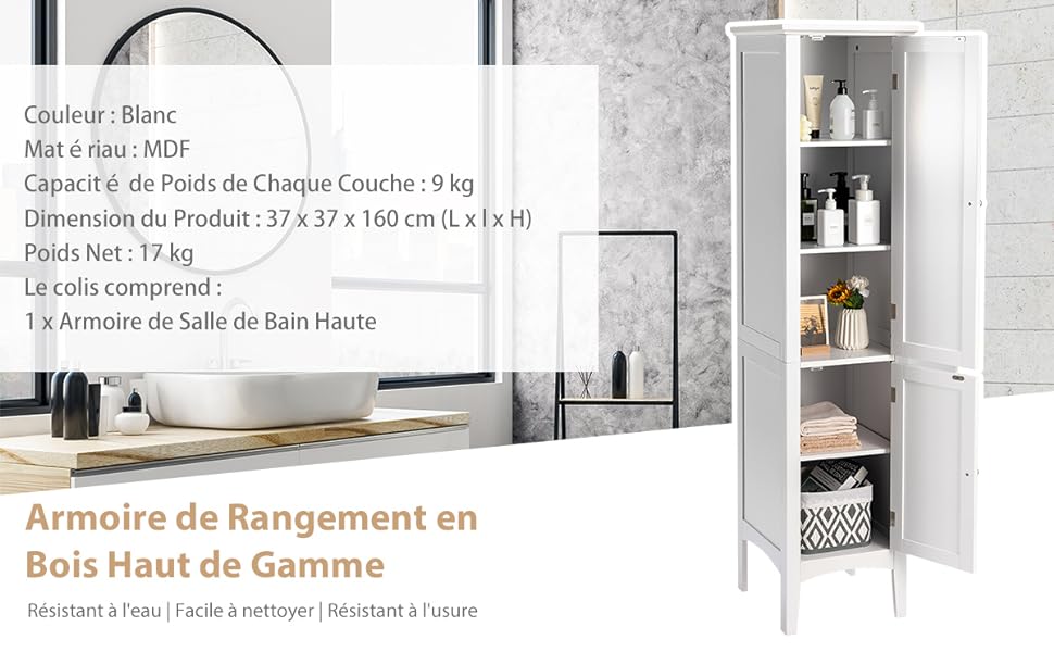 COSTWAY Meuble de Rangement Salle de Bain, Meuble Colonne sur Pied avec  Rangement à 5 Niveaux, Organisateur pour Cuisine, Salon, 37 x 37 x 160 cm  (Gris) : : Cuisine et Maison