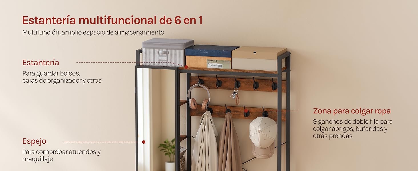 El texto dice «Estantería multifuncional de 6 en 1». Estantería de madera de estilo industrial con estructura de metal que muestra objetos decorativos, libros y cestas de almacenamiento en varios estantes.