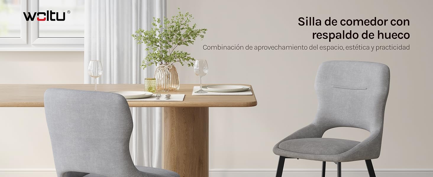El texto dice «WOEU» y «Silla de comedor con respaldo de hueso». Silla de comedor tapizada en gris con respaldo curvo junto a una mesa auxiliar de madera y una planta decorativa.