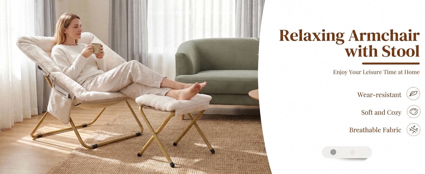 Text reads 'Relaxing Armchair with Sound'. Person sitting in tan woven chair in modern living room with text overlay.