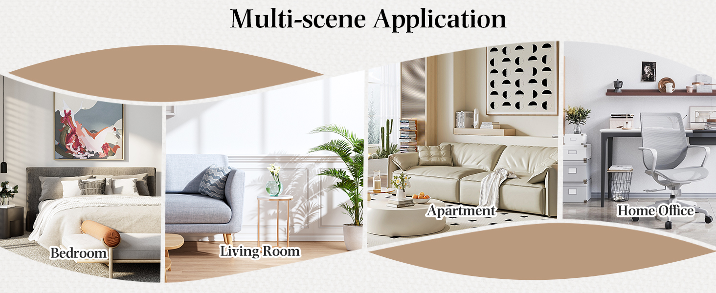 Text reads 'Multi-scene Application'. Series of architectural renderings showing modern interior spaces with minimalist furniture and decor across multiple rooms in neutral tones.