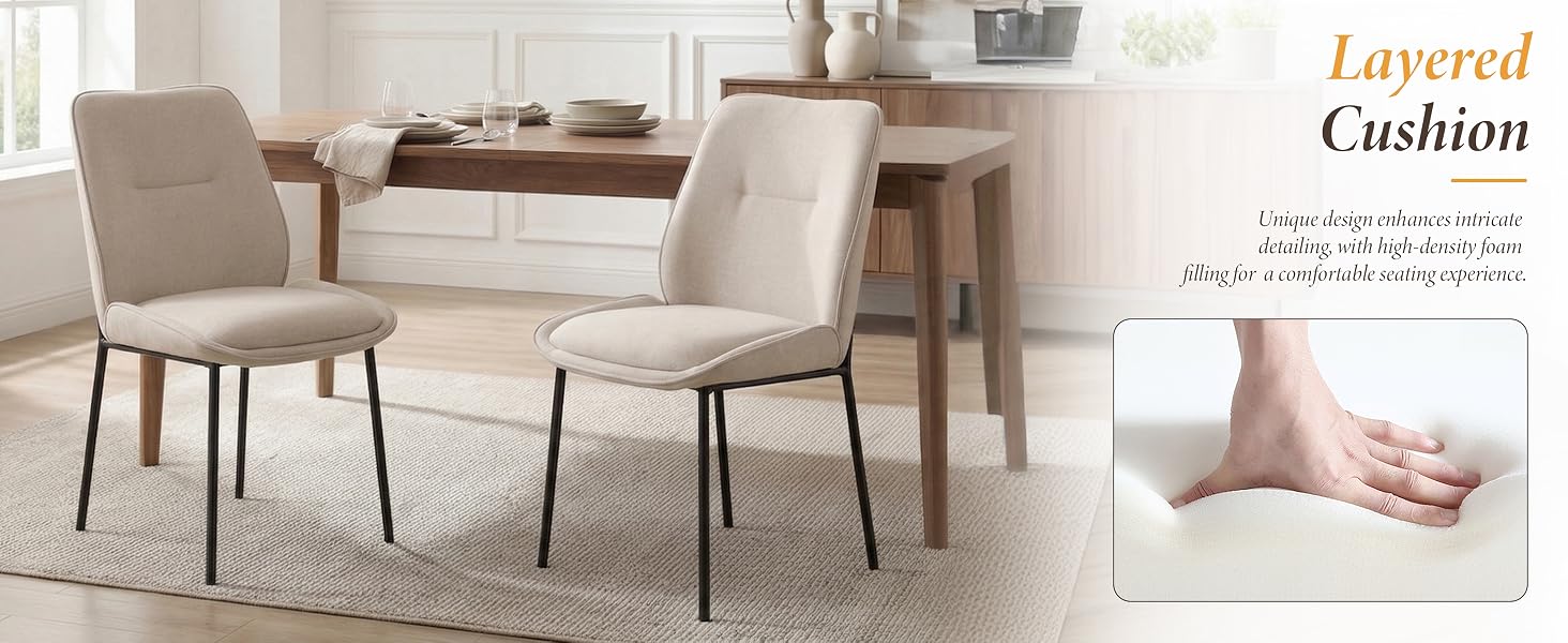 Text reads 'Layered Cushion'. Beige upholstered armchair and ottoman with layered cushion construction, wooden legs, shown in neutral home interior setting with decorative pillows.