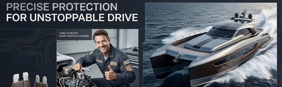 Text reads "PRECISE PROTECTION FOR UNSTOPPABLE DRIVE". Composite marketing image showing mechanic, engine components, and luxury speedboat in action.