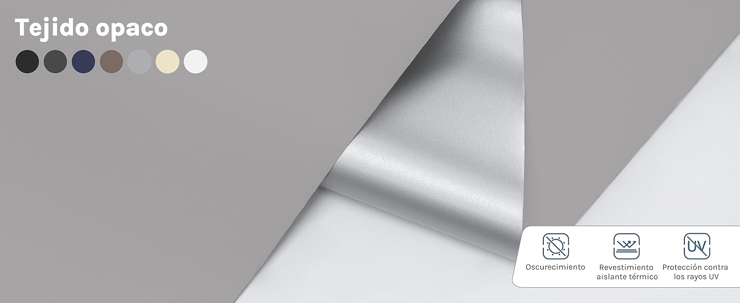 El texto dice «Tejido opaco». Serie de fotos de productos que muestran un tejido gris con primeros planos de la textura y las propiedades del material.