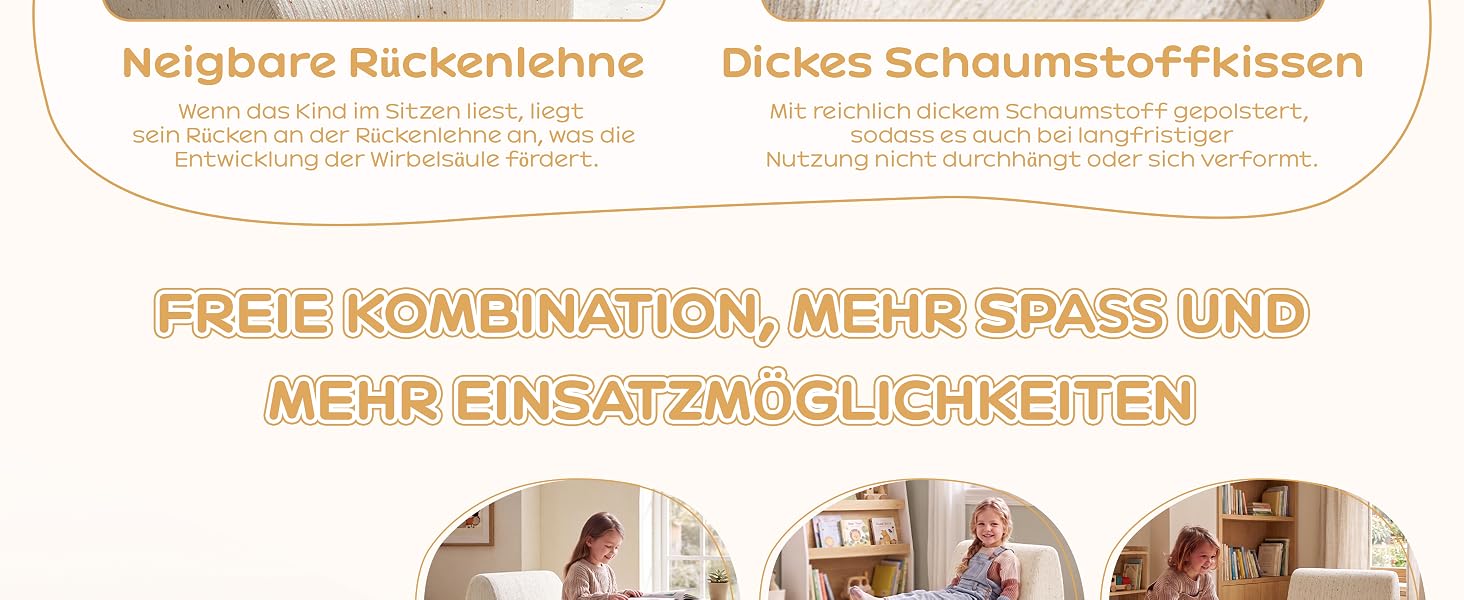 Der Text lautet „Neighbors Rückenlehne“, „Dickes Schaumstoff-Kissen“, „FREIE KOMBINATION, MEHR SPASS UND MEHR EINSATZMÖGLICHKEITEN“ mit drei Lifestyle-Fotos, die die Vielseitigkeit und Komfortmerkmale von Möbeln demonstrieren.