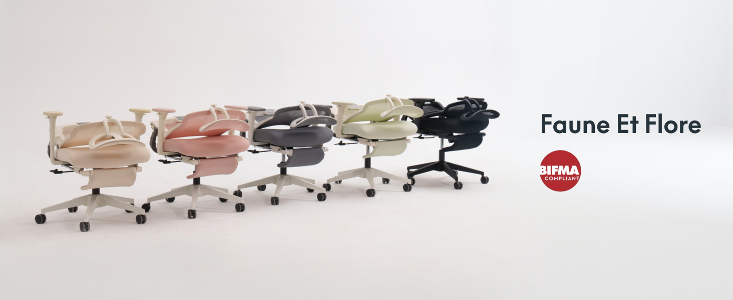 Rangée de cinq chaises de bureau de différentes couleurs : beige, rose, gris foncé, vert clair et noir. Les chaises sont dotées d'une hauteur réglable et de bases pivotantes