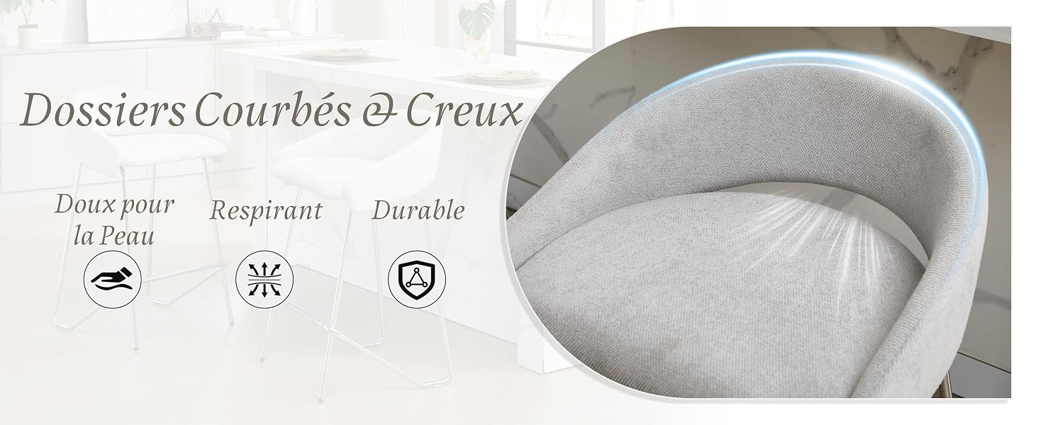 Le texte indique « Dossiers Courbés & Creux » avec trois icônes étiquetées « Doux pour la Peau », « Respirant », « Durable ». Gros plan de la surface d'un matériau blanc texturé.