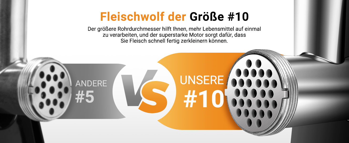 Vergleich von Fleischschleiferplatten: #5 mit weniger Löchern gegenüber #10 mit mehr Löchern. Der deutsche Text weist auf größere Löcher hin, um eine gröbere Zerkleinerung