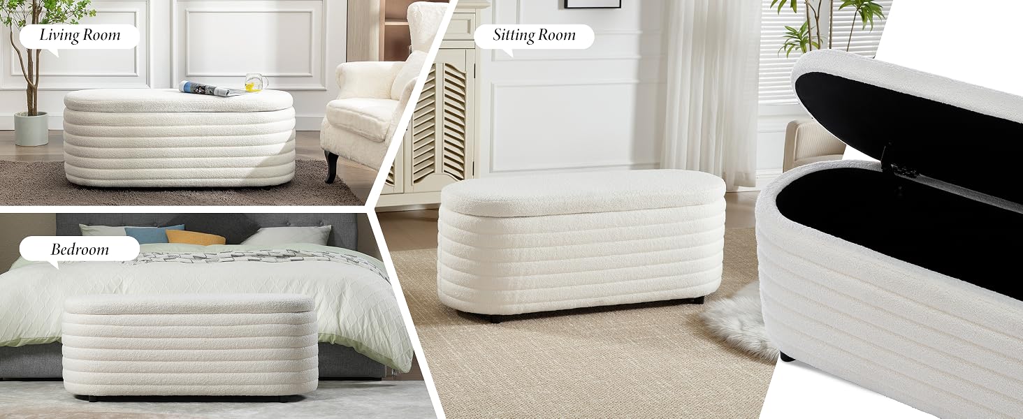 White woven storage ottoman with lift-top lid. Rectangular shape with rounded edges. Shown in living room setting with multiple views demonstrating storage capacity and versatile use.