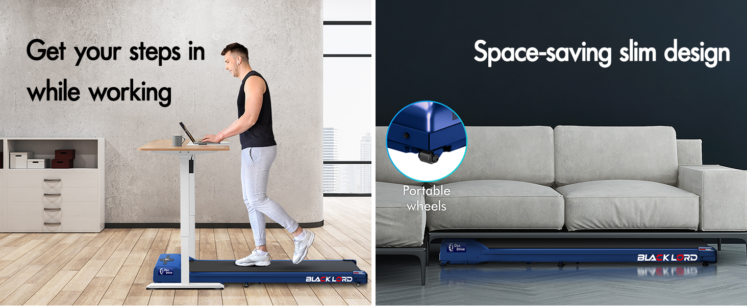 Text reads 'Get your steps in while working' and 'Space-saving slim design'. Split image showing person on under-desk treadmill and compact blue spherical object.