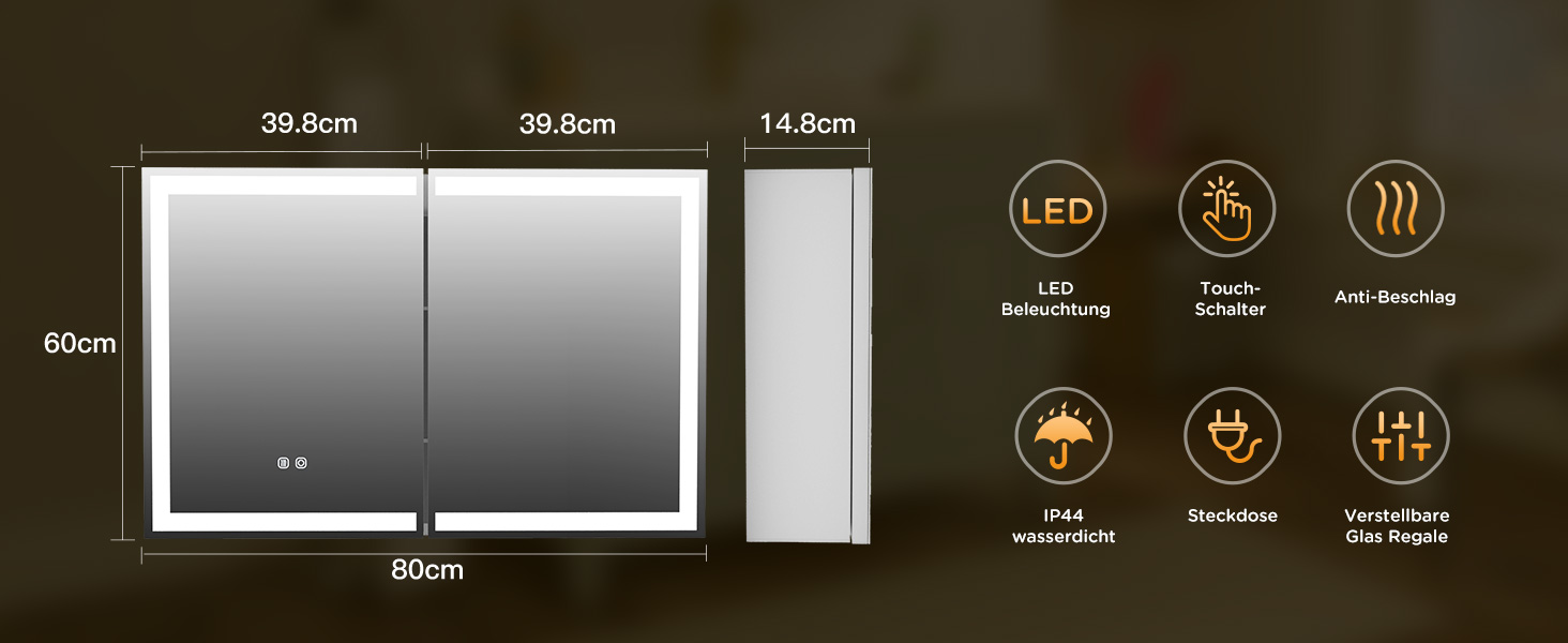 Produktdiagramm für LED-Beleuchtung mit den Maßen: 39,8 cm, 29,8 cm, 14,8 cm, 60 cm, 90 cm.
[SENTENCE 3] Die Symbole weisen auf LED-Beleuchtung, Dampf- und Wärmefunktionen hin.