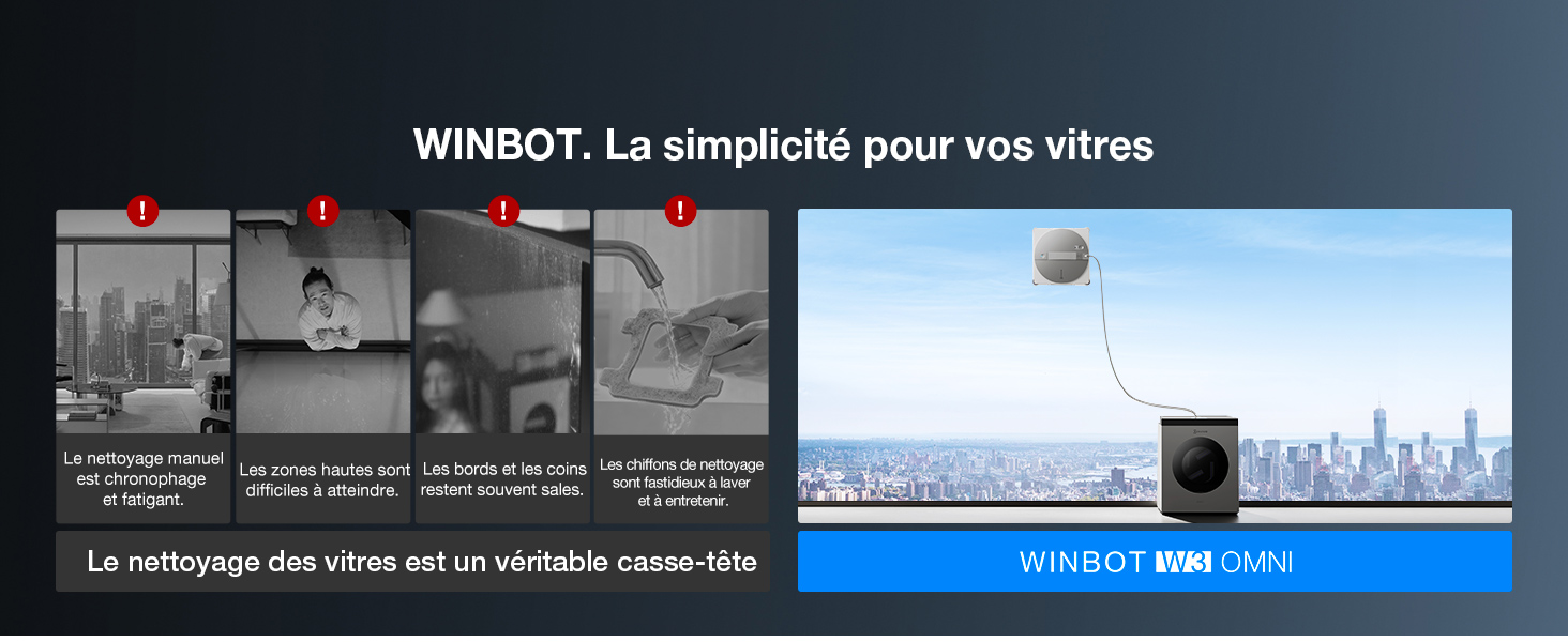 Le texte se lit comme suit : « WINDOT. La simplicité pour vos vitres'. Série d'images pédagogiques illustrant le processus de nettoyage des vitres à l'aide d'éléments bleus de l'interface du produit.