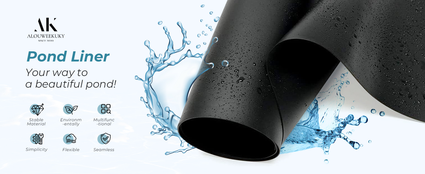 Material de revêtement de bassin noir con gotitas de agua, parcialmente laminadas. Las características del producto incluyen la resistencia a los rayos UV, la flexibilidad y la resistencia à la déchirure. Le texte indica que c'est pour créer de beaux étangs.