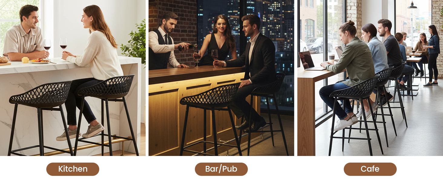 Le texte se lit comme suit : « Image 7 ». Trois photos connectées montrant des personnes dans le décor d'un café, assises à des tables à hauteur de comptoir dans des environnements de restauration modernes.