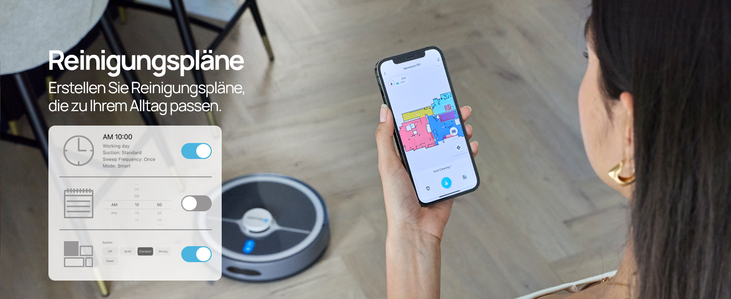 Der Text lautet „Reinigungsplane“. Smartphone, aufgewickeltes blaues Kabel und eine Bedienungsanleitung oder Bedienungsanleitung auf einer grauen Stoffoberfläche.