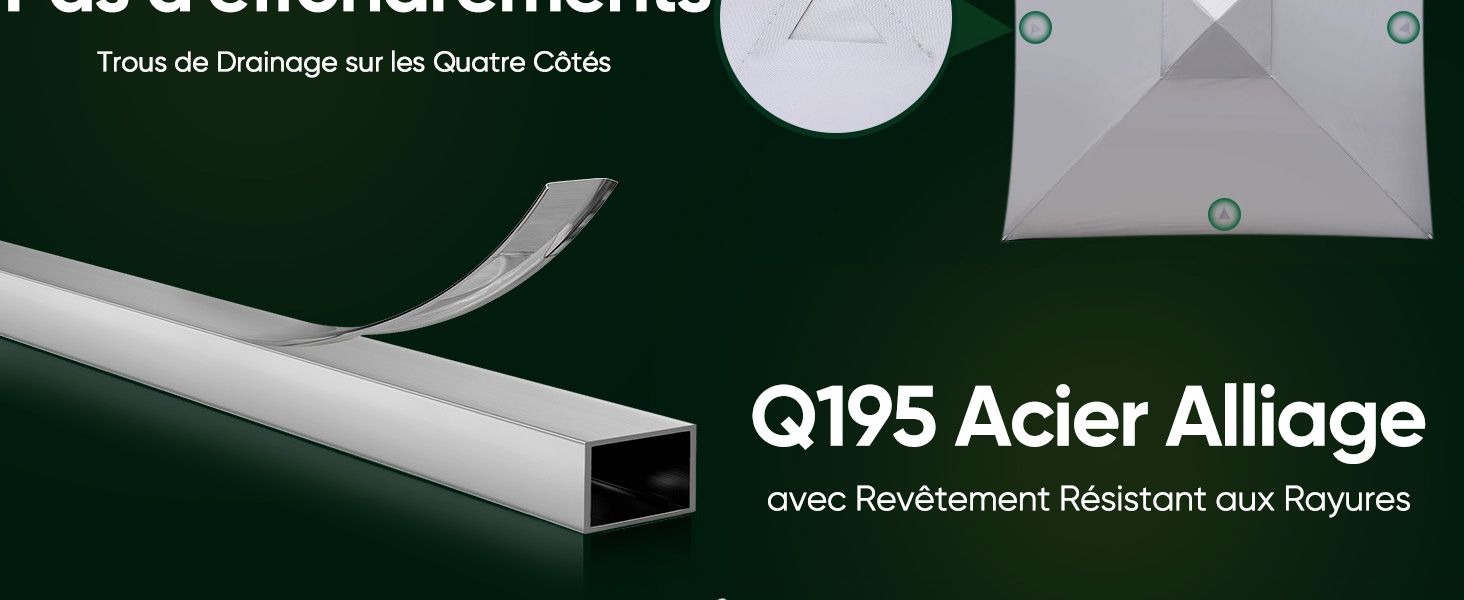 Le texte se lit comme suit : « Q195 Acier Alliage ». Suite des illustrations techniques montrant les composants structurels et les détails de l'installation.