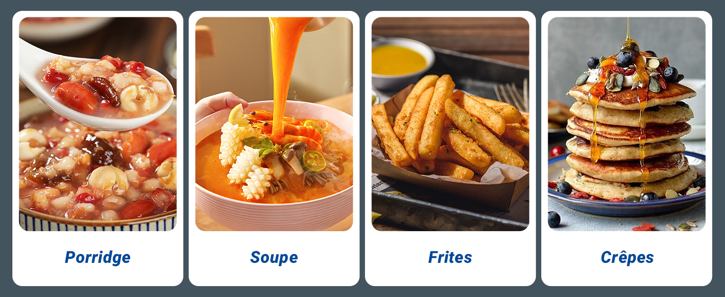 Quatre éléments du menu sont présentés dans des panneaux séparés : du porridge avec garniture, de la soupe orange, des frites et des crêpes empilées garnies