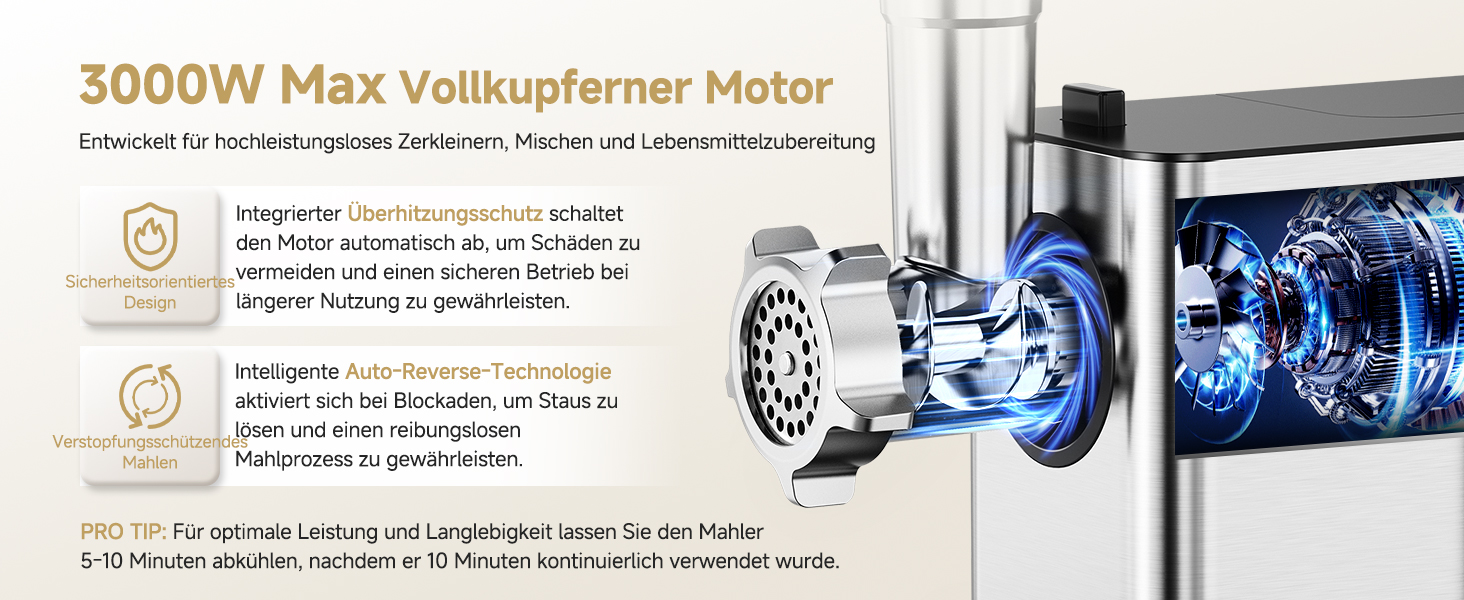Elektromotor mit einer maximalen Leistung von 3000 W im Vollkupferner-Design. Zeigt die Auto-Reverse-Technologie und das hervorgehobene Kühlsystem an. Enthält deutschen Text, der Funktionen und Verwendung beschreibt.