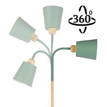 Mintgrüne Stehleuchte mit fünf verstellbaren Köpfen mit Holzakzenten und 360-Grad-Drehbarkeit. Die hellen Schirme haben ein zeitgemäßes konisches Design