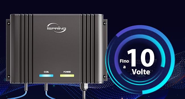 Il testo dice «Immagine 6". Custodia nera per dispositivo elettronico con indicatore circolare illuminato in blu che mostra l'indicatore «10 Volt».