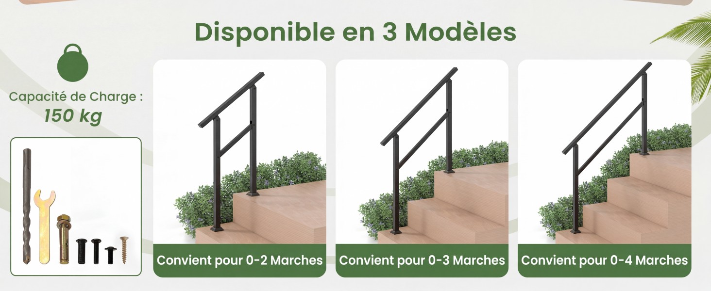 Le texte se lit comme suit : « Disponible en 3 modèles », « Disponible en 150 kg », « Concevez pour 0-3 mètres », « Concevez pour 3-6 mètres », « Concevez pour 6-9 mètres ». Trois configurations de main courante illustrées avec des spécifications de poids, de capacité et de dimensions pour les applications d'escaliers extérieurs.
