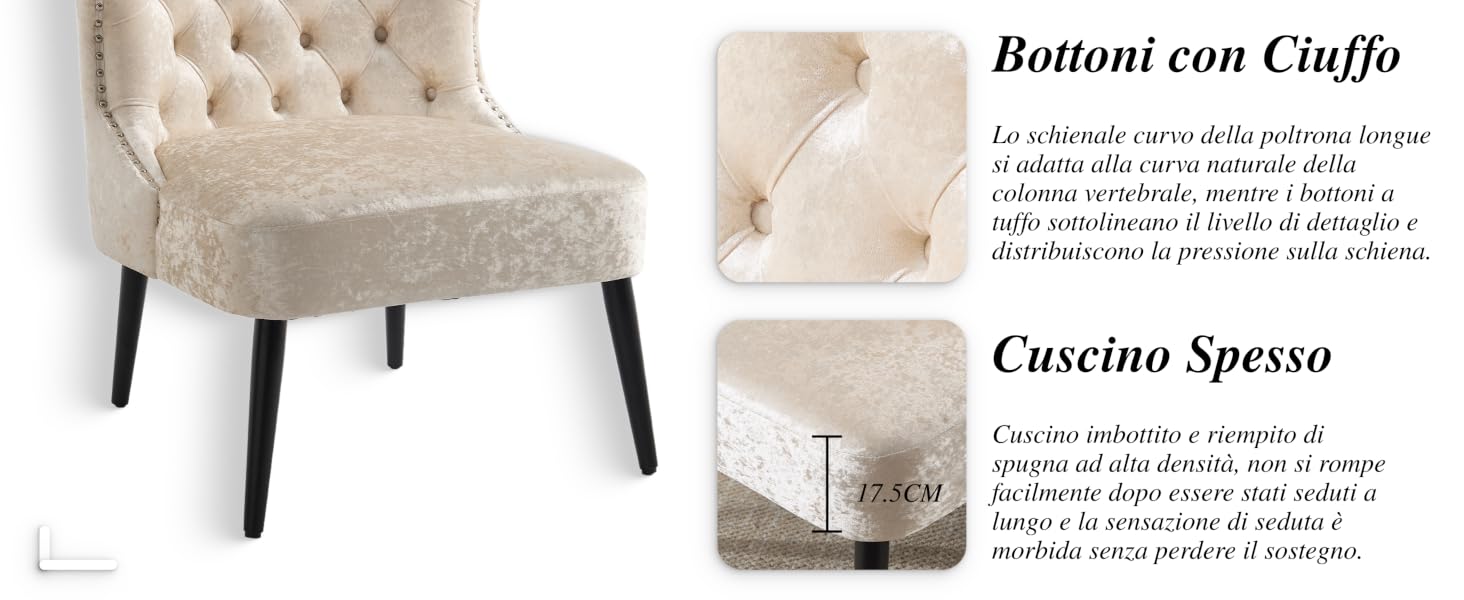 Il testo recita «Bottoni con Coffee» e «Cuscino Sposa». Immagini che mostrano quelli che sembrano essere dettagli di mobili o tappezzerie nei toni del beige.