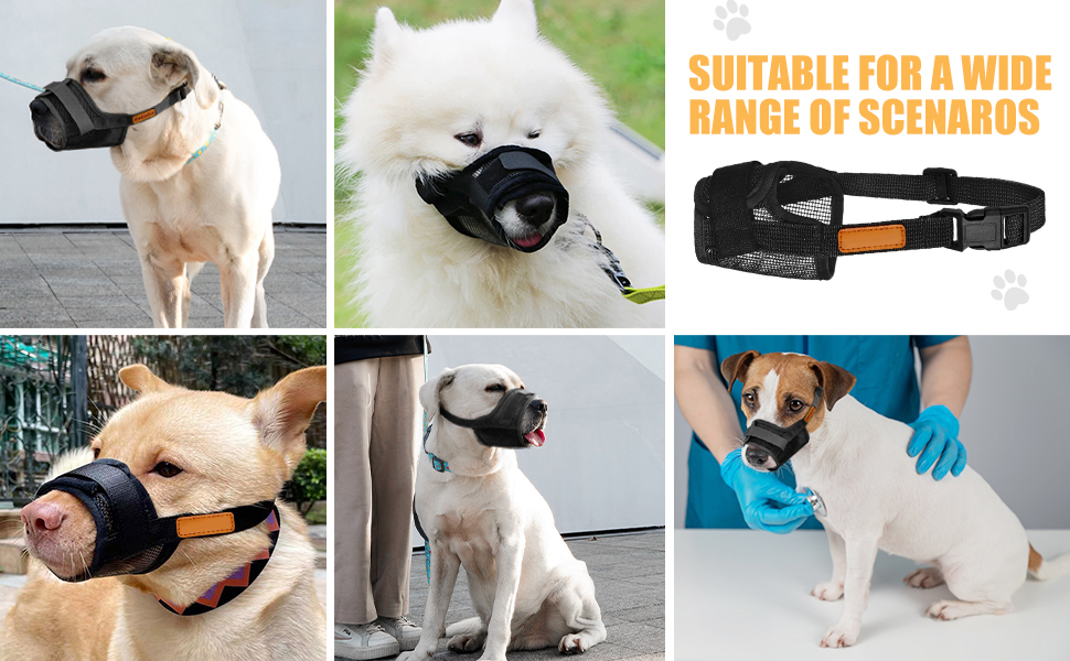 Text reads 'SUITABLE FOR A WIDE RANGE OF SCENARIOS'. Multiple images showing various dogs wearing training collars, with handlers demonstrating usage.