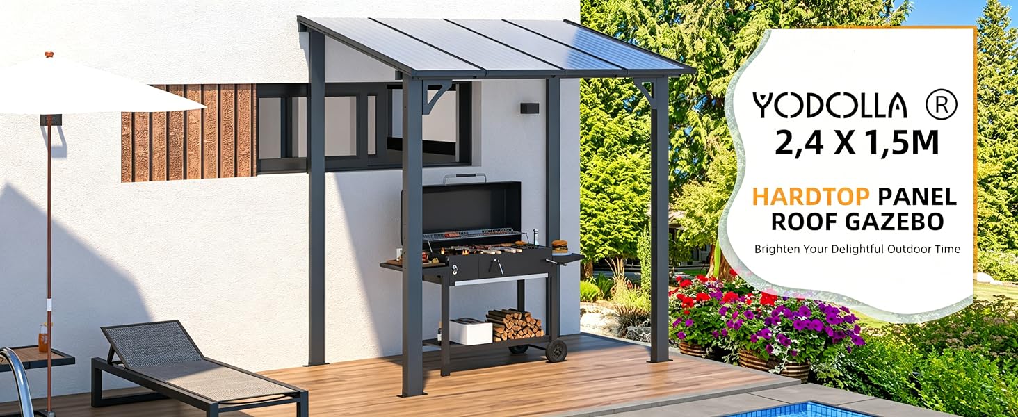 Der Text lautet „YODOLLA®“, „2,4 X 1,5 M“, „MODERNER PANEELDACHPAVILLON“. Moderner Pavillon mit dunklem Rahmen und Lamellendachpaneelen, eingebaut in eine gepflegte Gartenanlage mit blühenden Pflanzen.