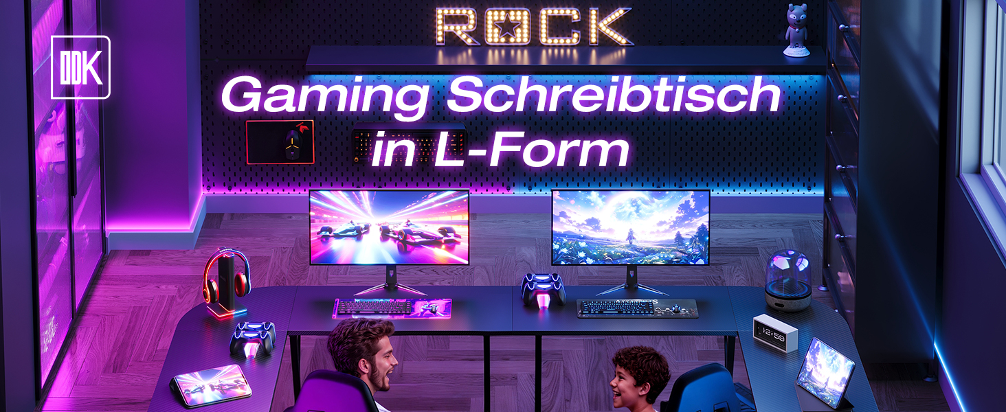 Gaming-Umgebung mit lila Neonbeleuchtung und elektronischen Displays. Zu den sichtbaren Texten gehören „Gaming“ und „RPG“.