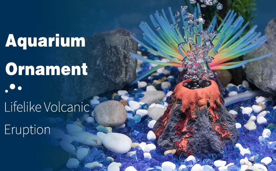 Colorful aquarium ornament simulating volcanic eruption. Features bright blue tentacles and orange lava-like base on pebble substrate.