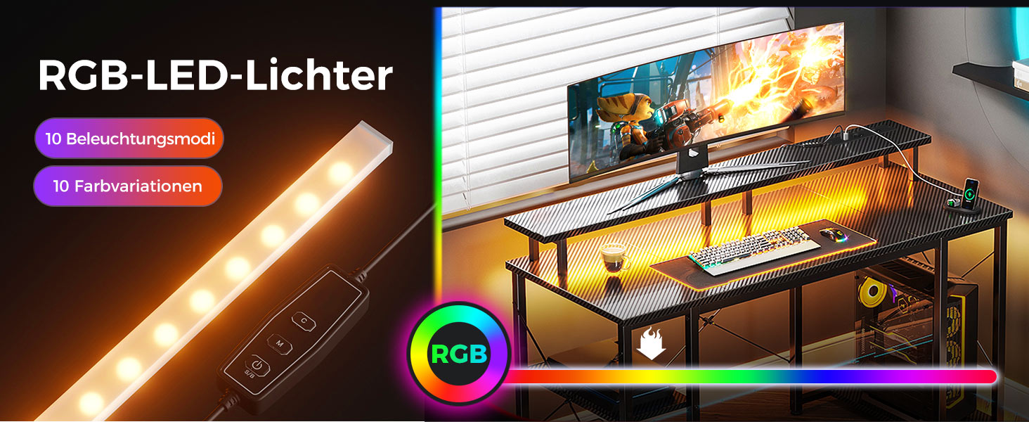 RGB-LED-Lichtstreifendisplay mit Gaming-Setup, das Farboptionen anzeigt und unter mehrstöckigen Schreibtischregalen montiert