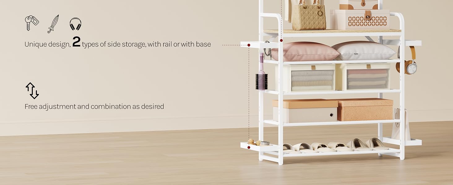 White storage shelving unit with multiple compartments containing organized items. Left side shows text with product features including assembly information and specifications in small print.