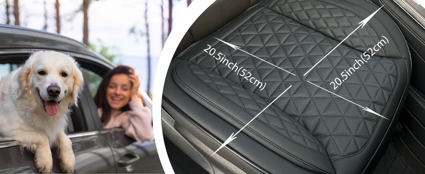 Collection de scènes montrant un chien dans une voiture avec une housse de siège protectrice et différents angles d'un tapis de voiture noir texturé à motifs géométriques.