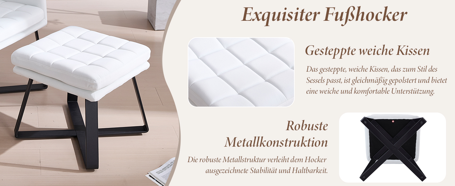 Quadratische weiße gepolsterte Fußbank mit gesteppter Kissenoberseite und schwarzem Metallrahmen mit Kreuzgestell, abgebildet mit Produktdetails und Konstruktionsansichten.