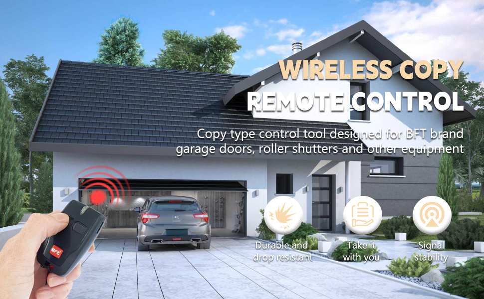 Il testo dice «WIRELESS CODE CONTROL». Serie di immagini che mostrano un garage residenziale con fasi e componenti di installazione del sistema di controllo.