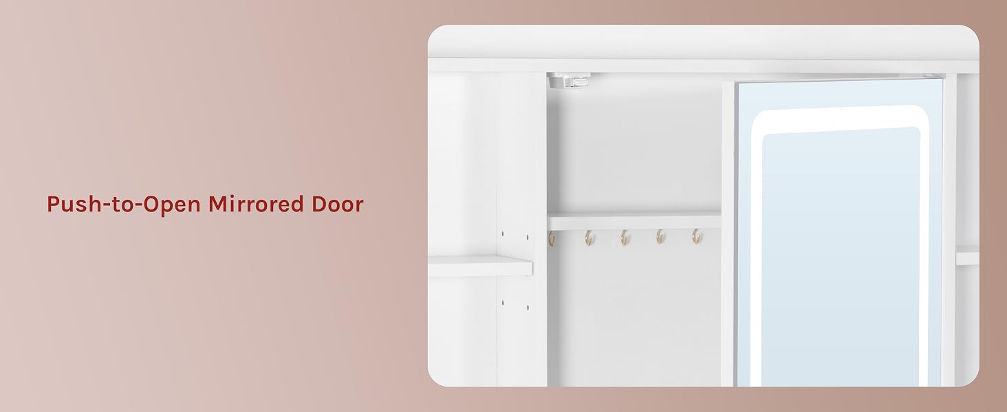 Text reads: 'Push-to-Open Mirrored Door'. White rectangular mirrored bathroom medicine cabinet or storage unit shown closed and open positions against pink background.
