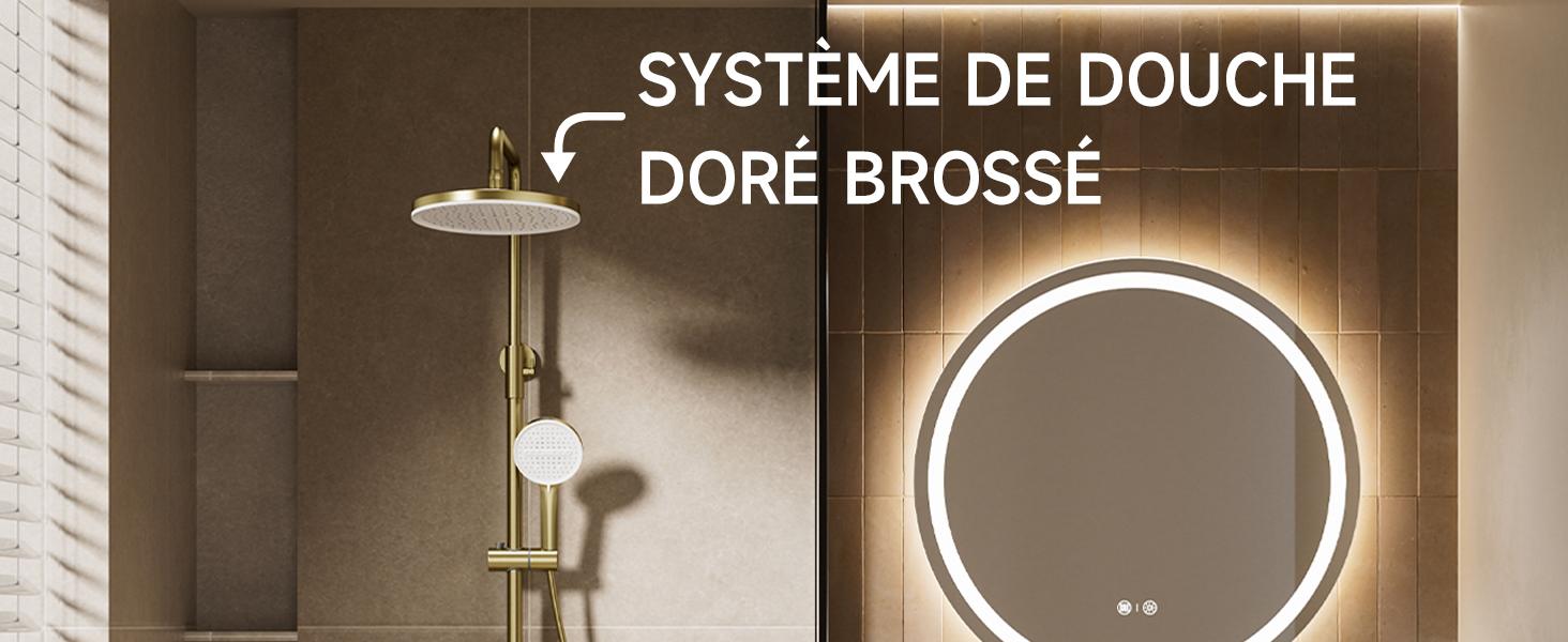 Le texte indique « SYSTÈME DE DOUCHE DORÉ BROSSÉ ». Image du produit de salle de bain montrant un système de douche circulaire en or brossé monté sur un mur carrelé avec un design minimaliste moderne.