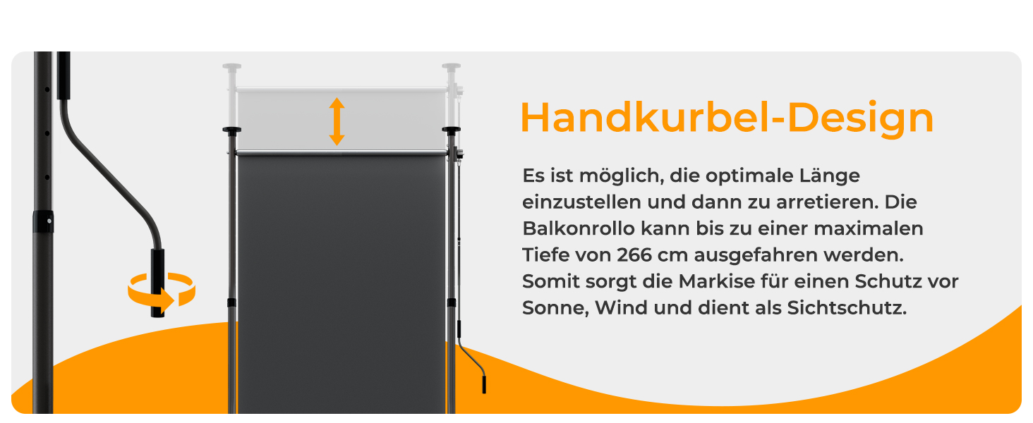 Der Text lautet „Handkurbel-Design“ mit einem technischen Diagramm, das das mechanische Griffdesign und die Uhrwerksabbildungen in Orange und Grau zeigt.