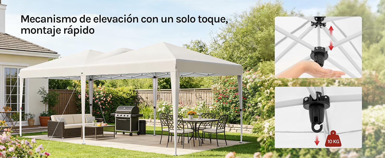 El texto dice «Mecanismo de elevación con un solo toque». Serie de imágenes que muestran una carpa blanca con dosel para exteriores en un jardín con un mecanismo de elevación de un solo toque.