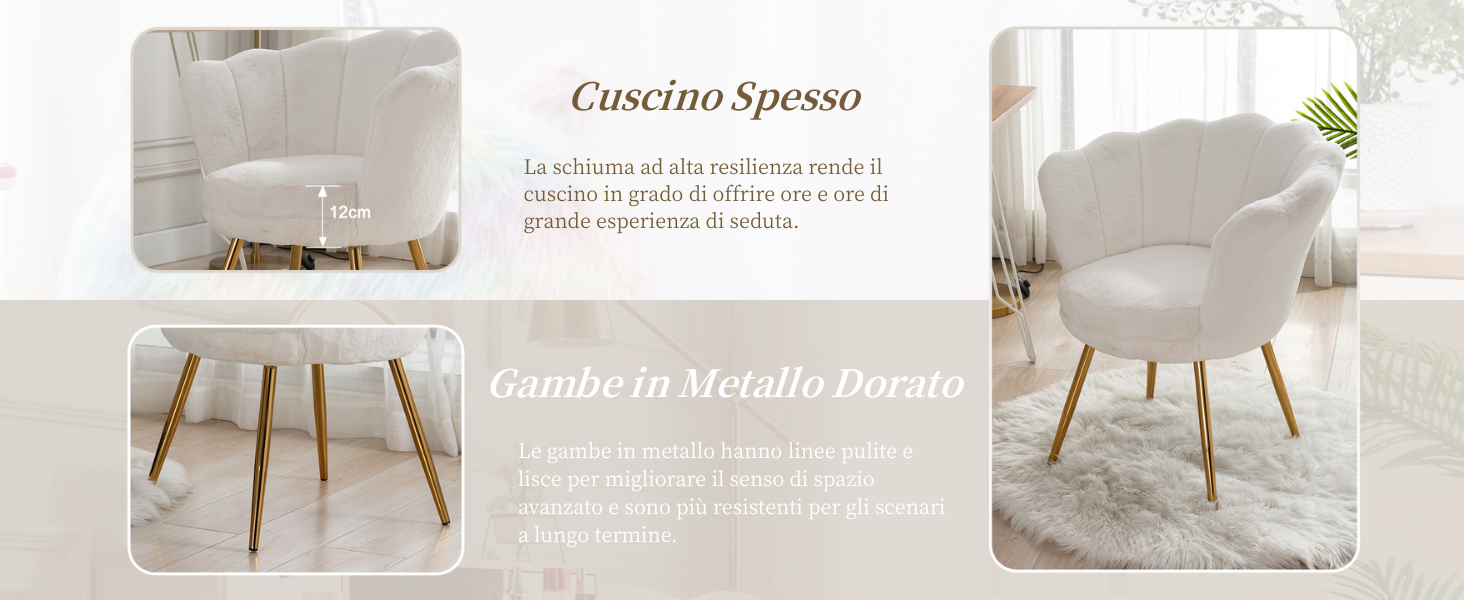 Set da salotto moderno composto da una soffice poltrona bianca con schienale curvo e un tavolino rotondo con gambe in metallo dorato. I mobili poggiano su un morbido tappeto di colore chiaro