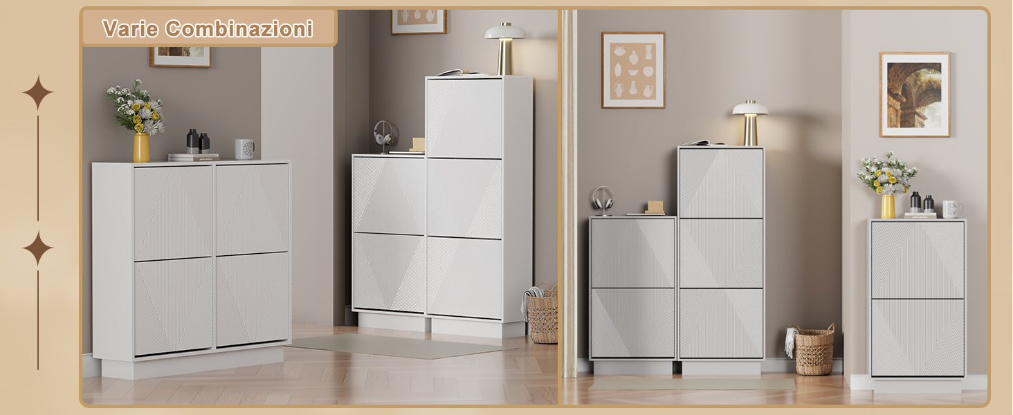 Serie di mobili contenitori moderni bianchi di diverse dimensioni, caratterizzati da linee pulite e design minimalista, esposti in ambienti domestici.