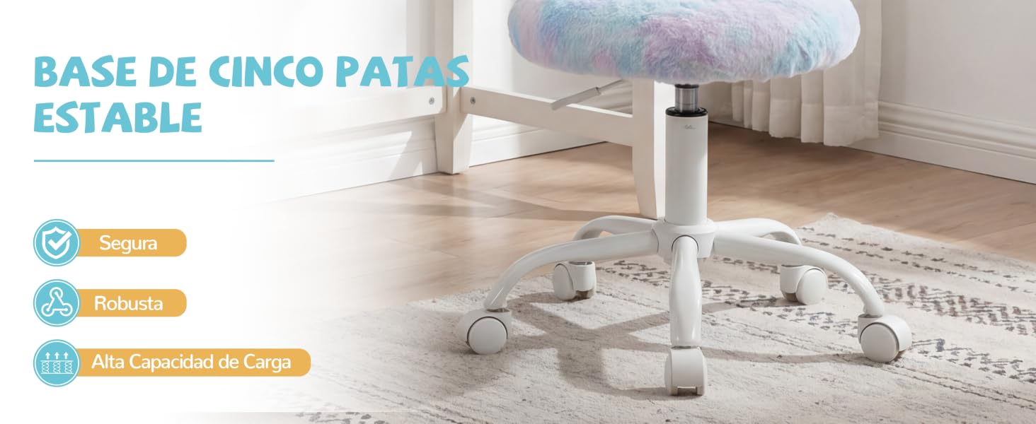 El texto dice «BASE DE CINCO PATAS ESTABLE». Foto del producto que muestra lo que parece ser un soporte o base de pie con cinco patas.