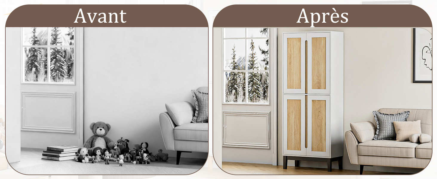 Le texte se lit comme suit : « Avant » et « Après ». Comparaison avant/après montrant la transformation de l'intérieur de la pièce, avec un mobilier minimaliste moderne et une décoration murale.